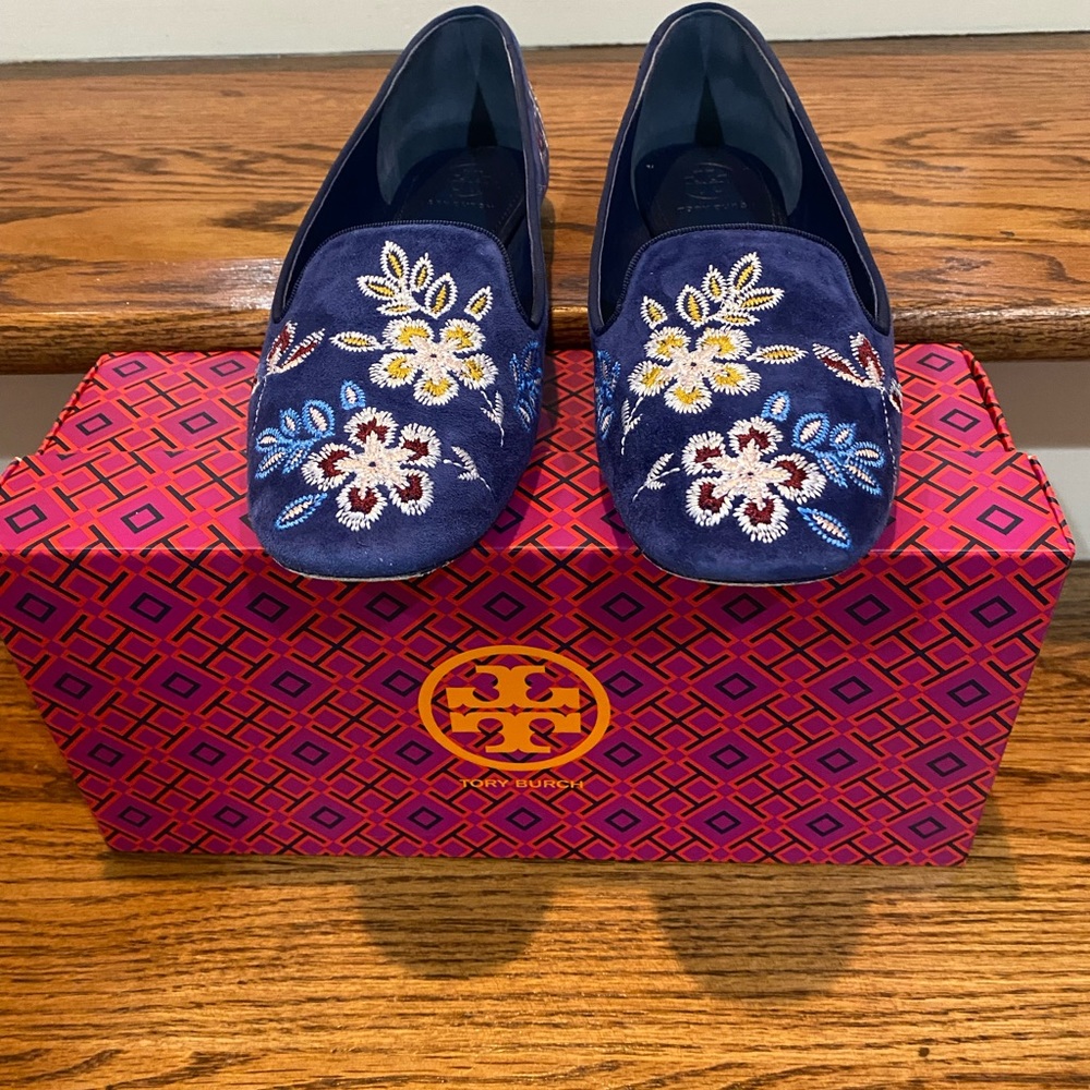 Tory Burch Embroidered Floral Suede Smoking Slippers Size 7.5